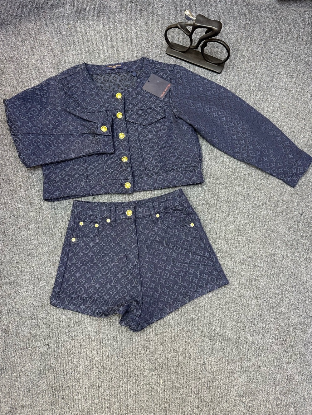Designer Navy Cropped Jean Jacket with Matching Shorts Set
